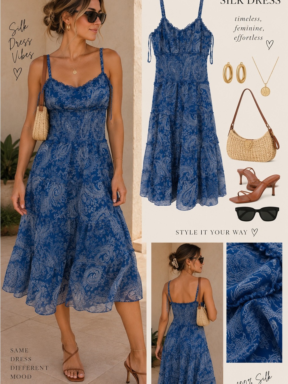 Blue Paisley Silk Midi Dress - Elegant Spaghetti Strap